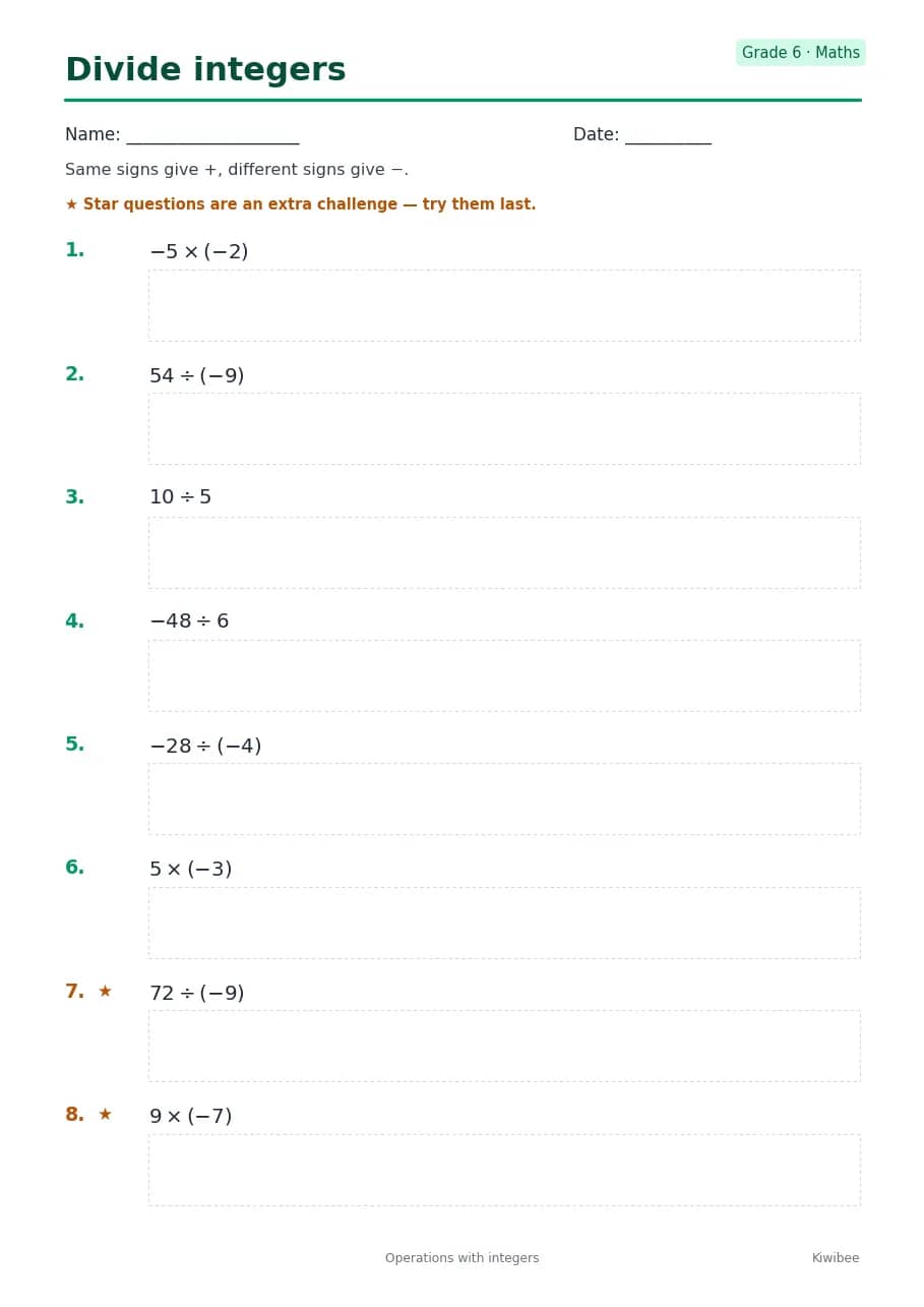 Divide integers worksheet — Grade 6