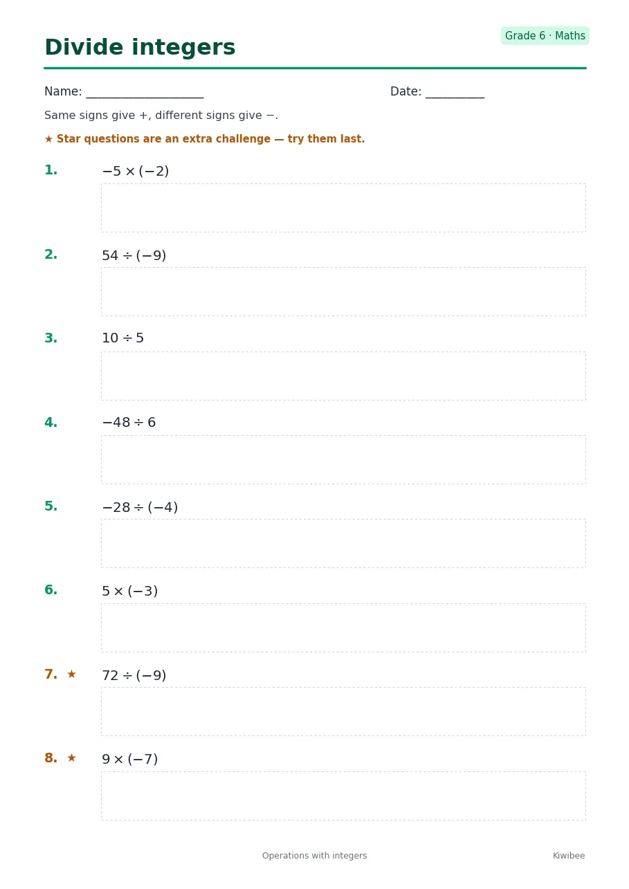 Divide integers worksheet — Grade 6