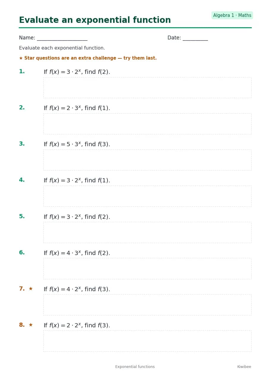 Evaluate an exponential function worksheet — Algebra 1