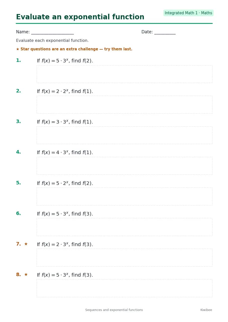 Evaluate an exponential function worksheet — Integrated Math 1