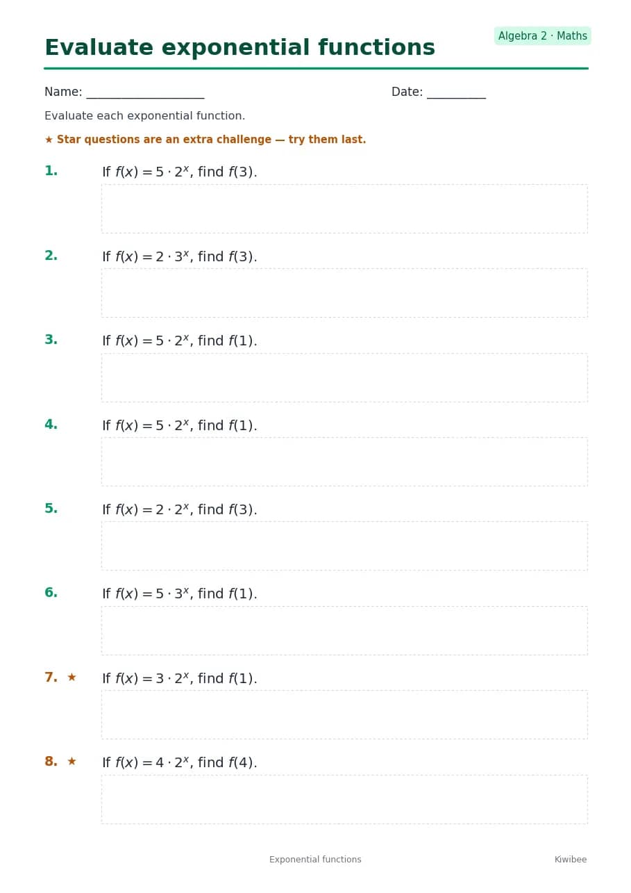 Evaluate exponential functions worksheet — Algebra 2