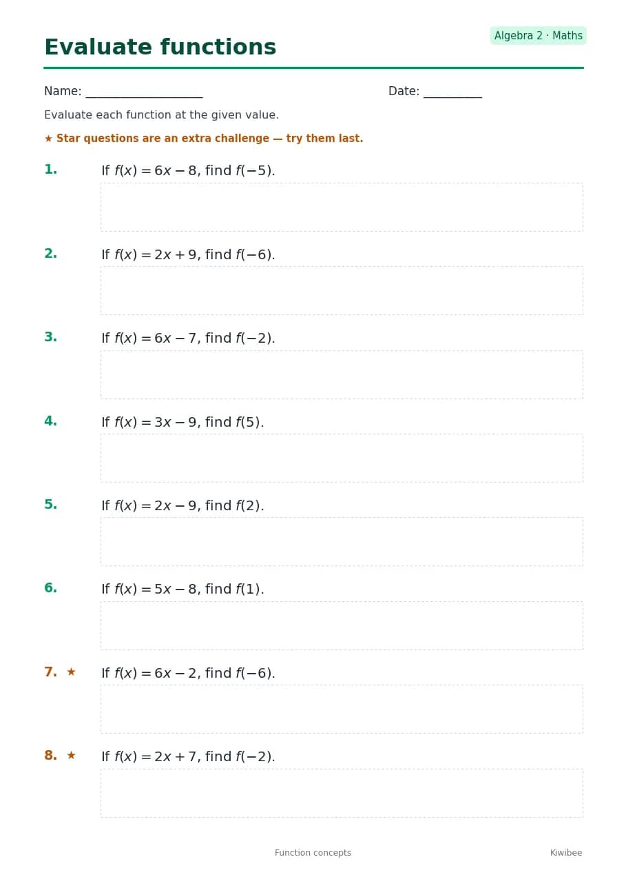 Evaluate functions worksheet — Algebra 2