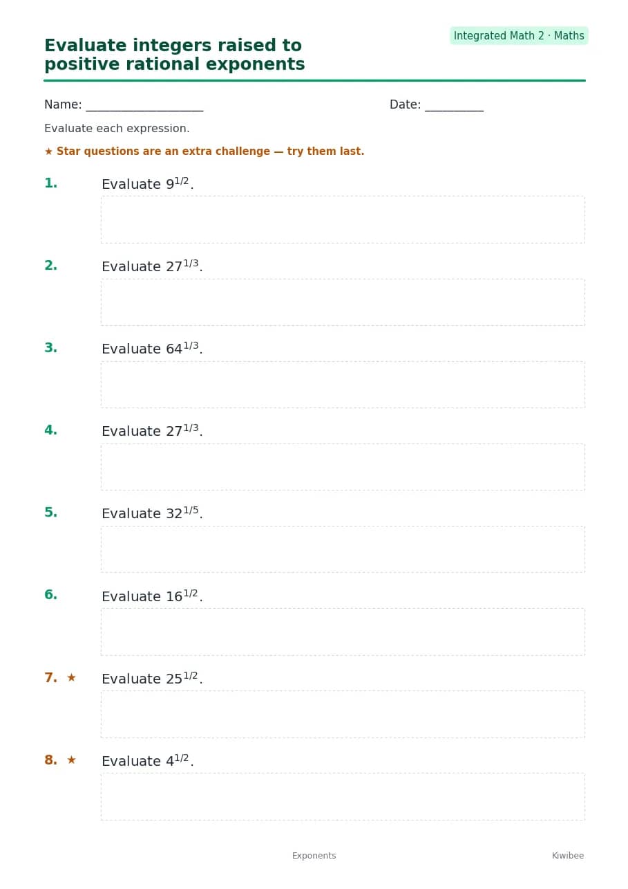 Evaluate integers raised to positive rational exponents worksheet — Integrated Math 2