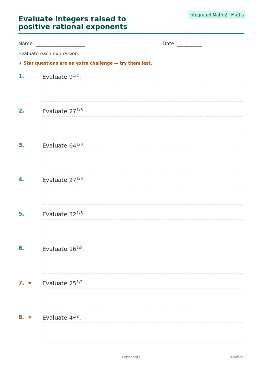 Evaluate integers raised to positive rational exponents