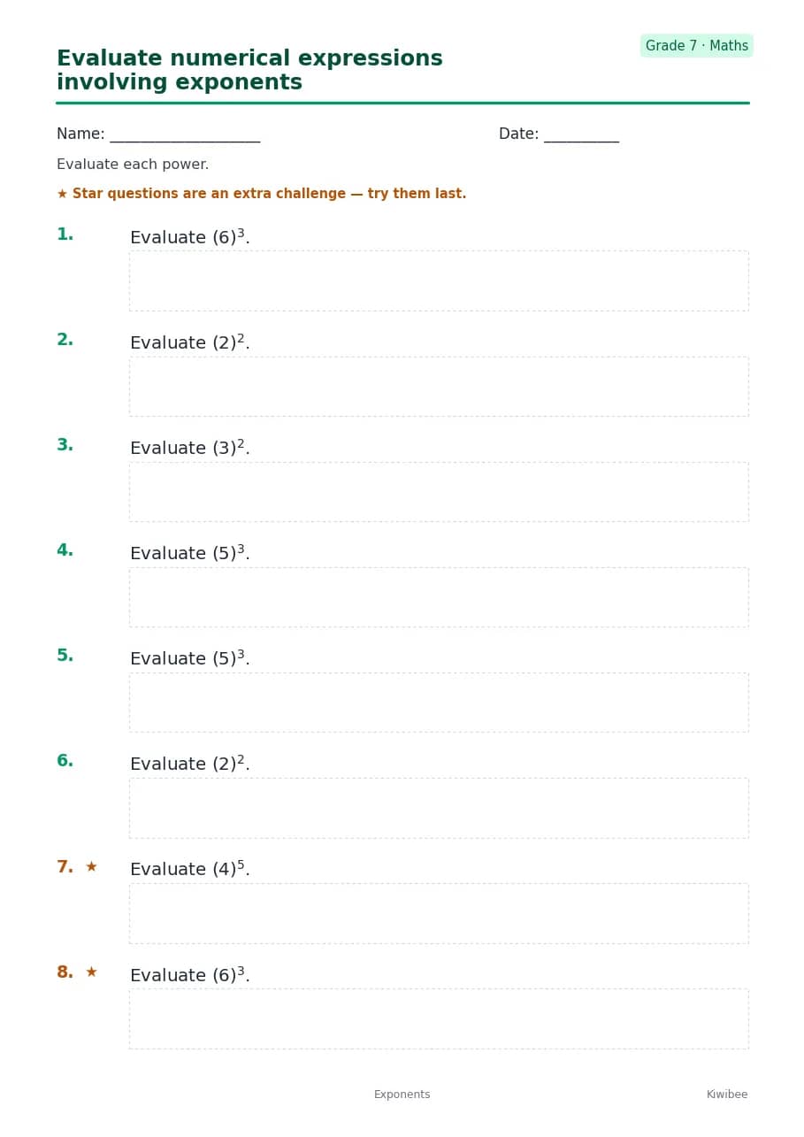 Evaluate numerical expressions involving exponents worksheet — Grade 7