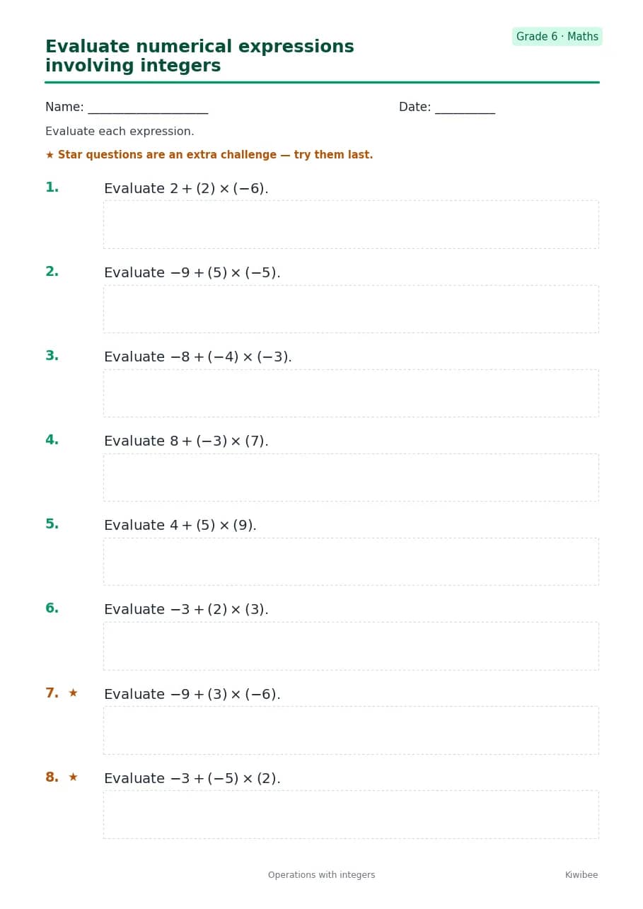 Evaluate numerical expressions involving integers worksheet — Grade 6