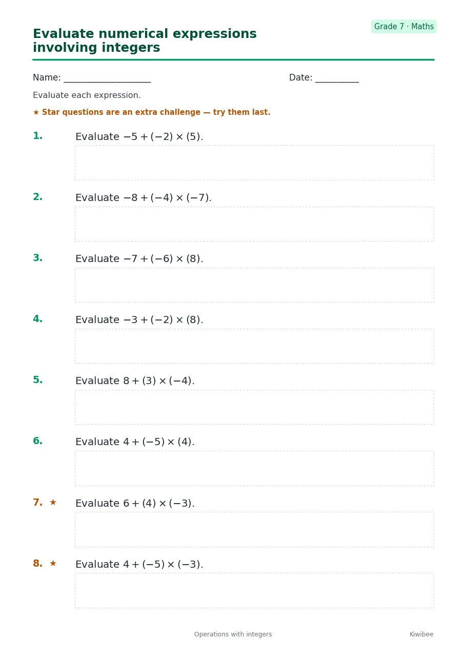 Evaluate numerical expressions involving integers worksheet — Grade 7
