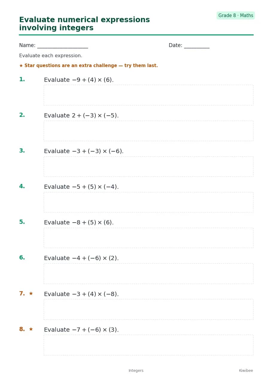 Evaluate numerical expressions involving integers worksheet — Grade 8