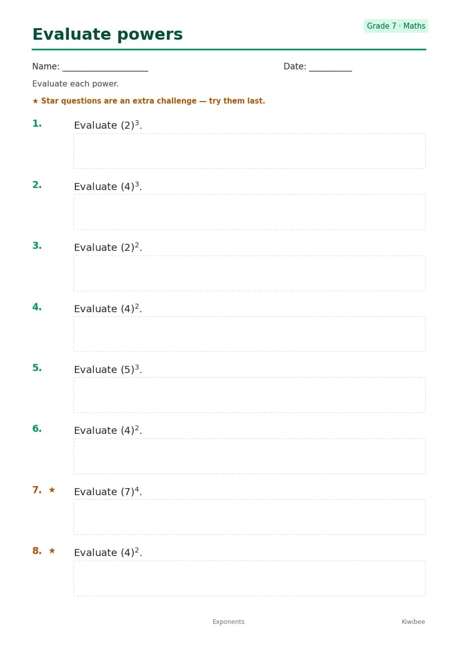 Evaluate powers worksheet — Grade 7