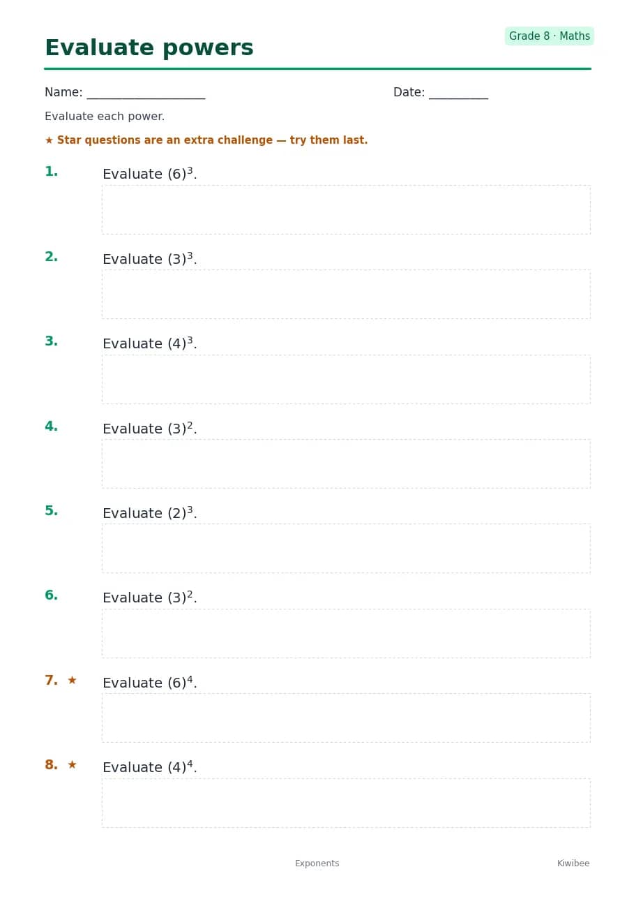 Evaluate powers worksheet — Grade 8