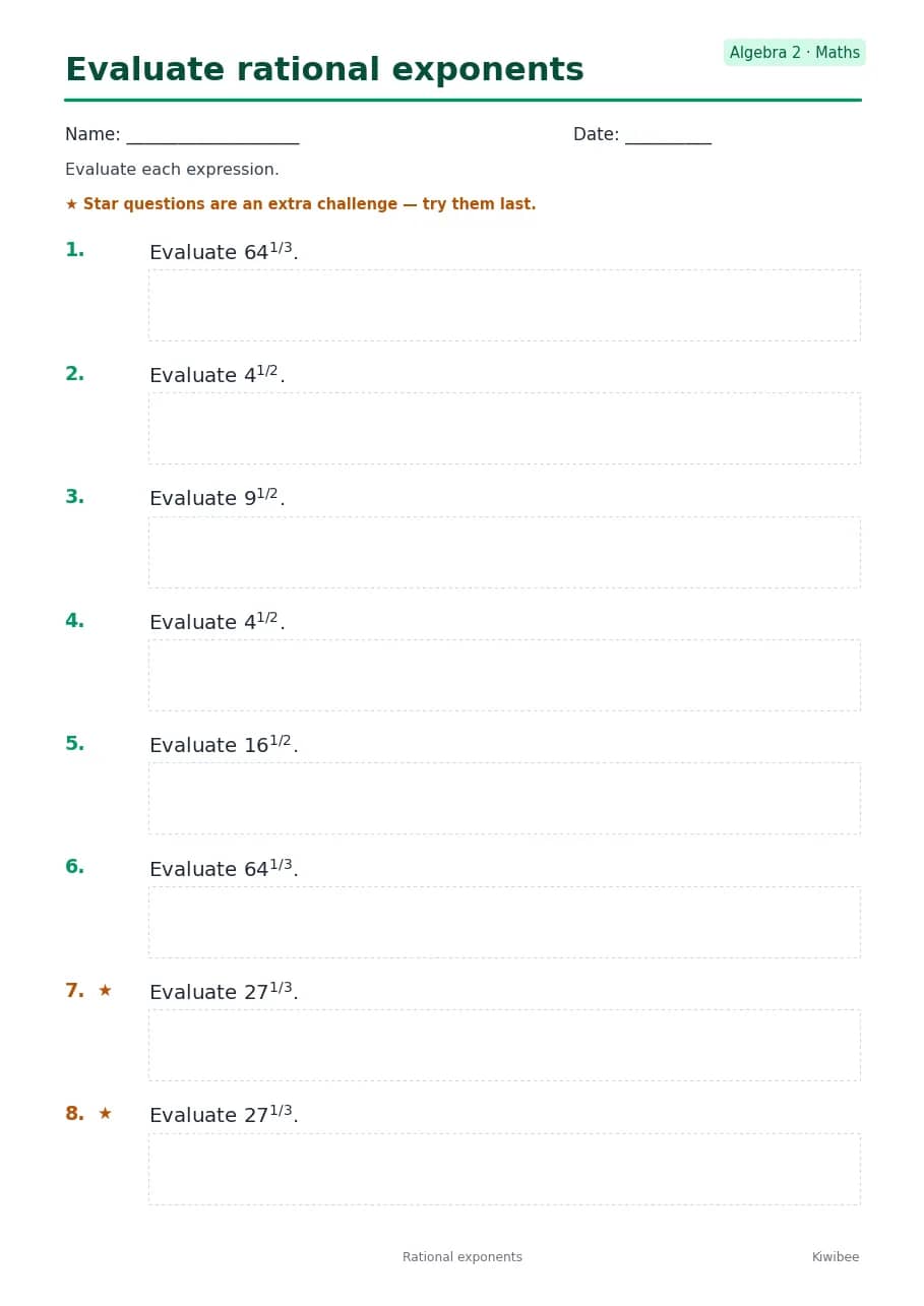 Evaluate rational exponents worksheet — Algebra 2