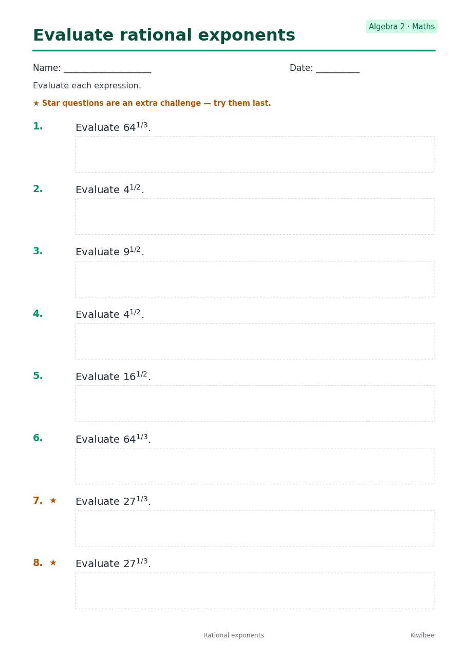 Evaluate rational exponents worksheet — Algebra 2