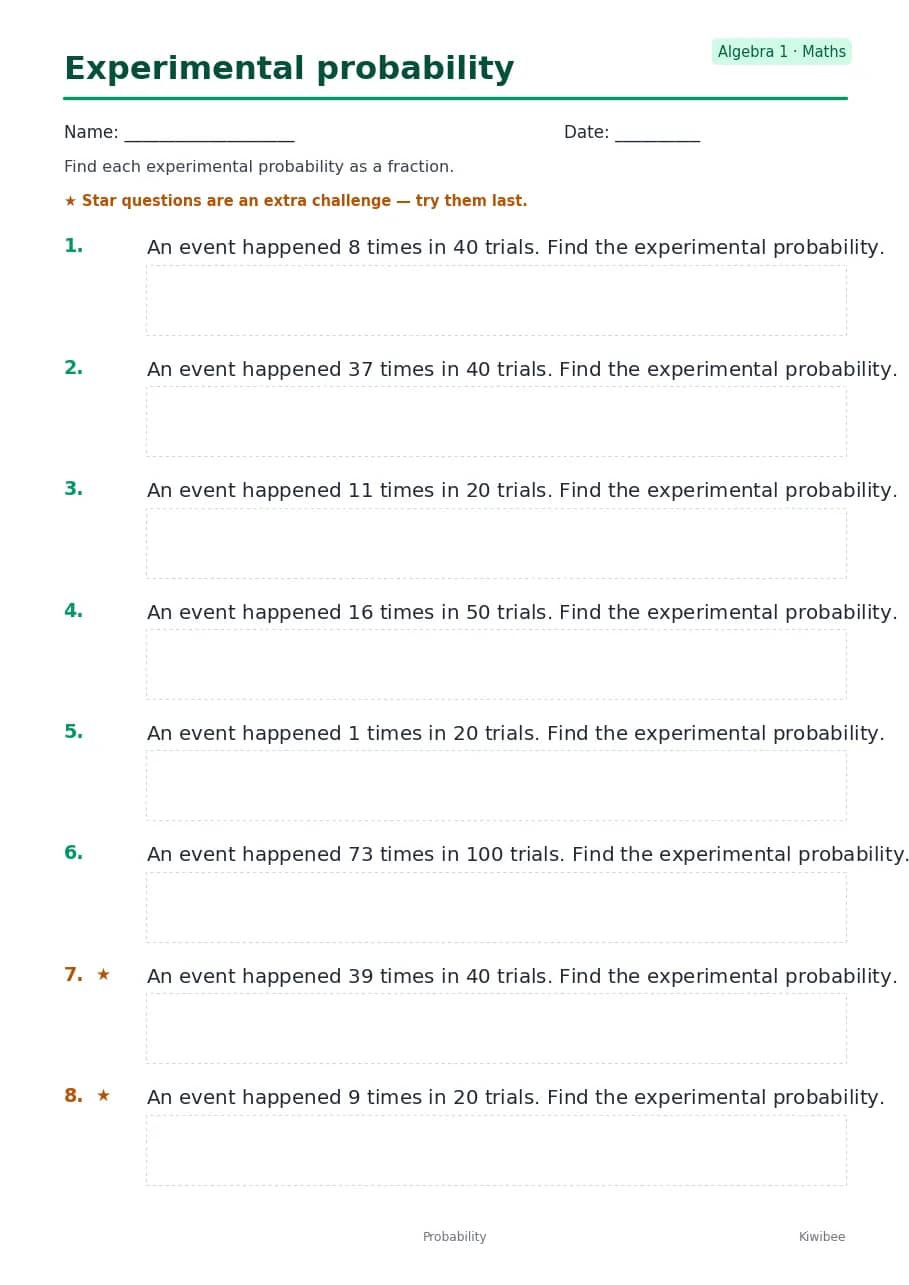 Experimental probability worksheet — Algebra 1