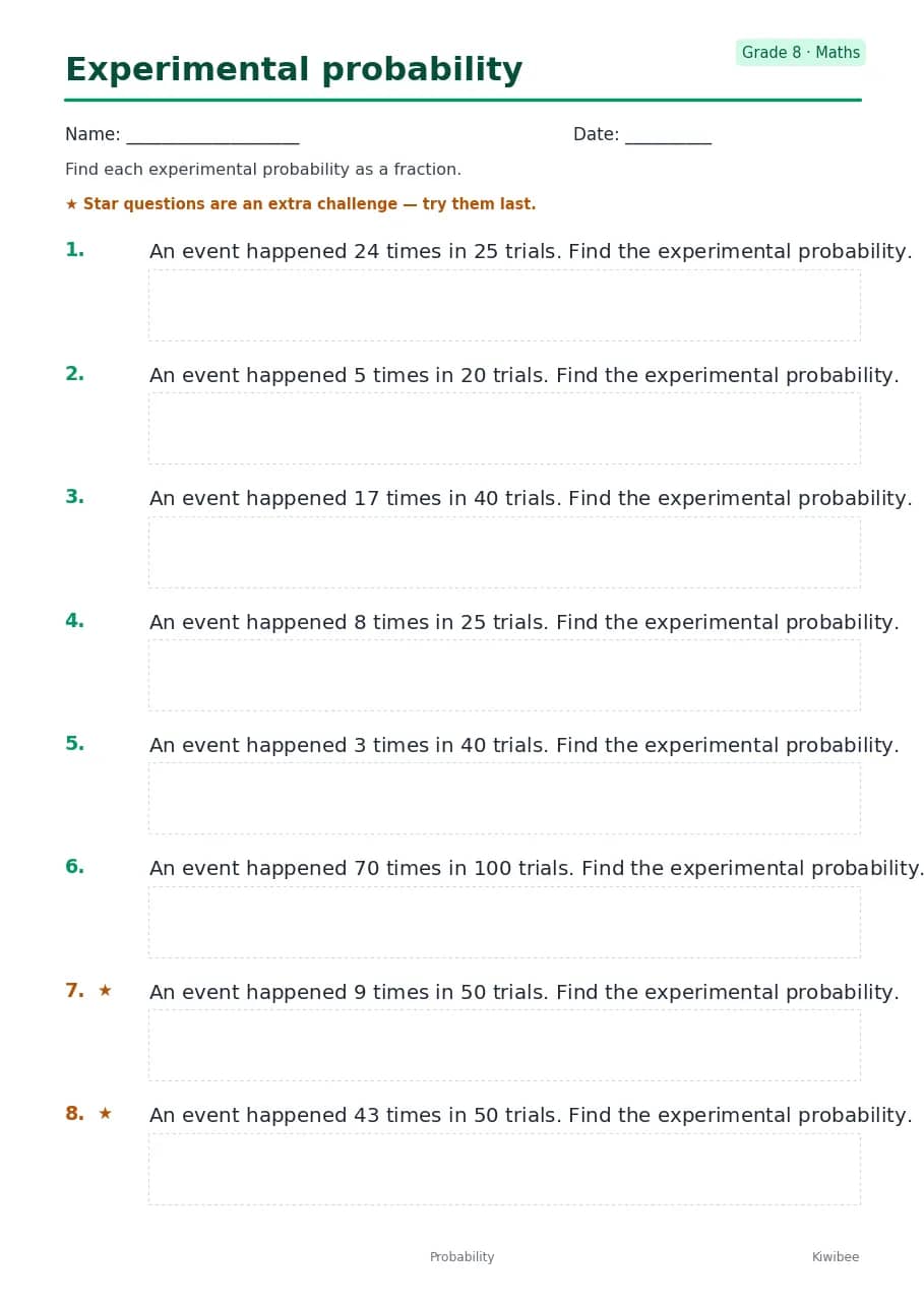 Experimental probability worksheet — Grade 8