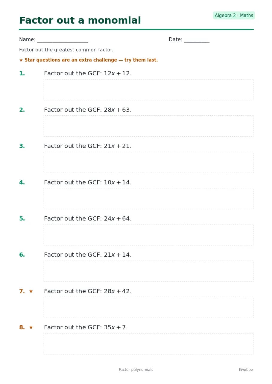 Factor out a monomial worksheet — Algebra 2