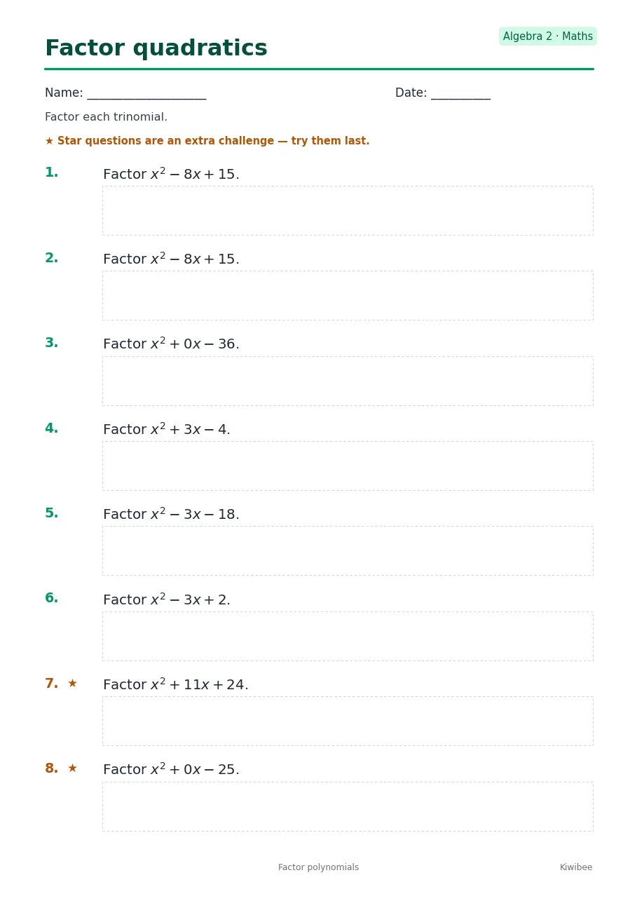 Factor quadratics worksheet — Algebra 2