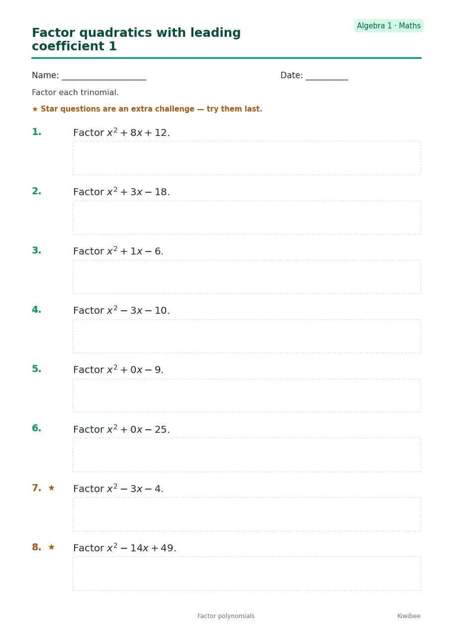 Factor quadratics with leading coefficient 1 worksheet — Algebra 1