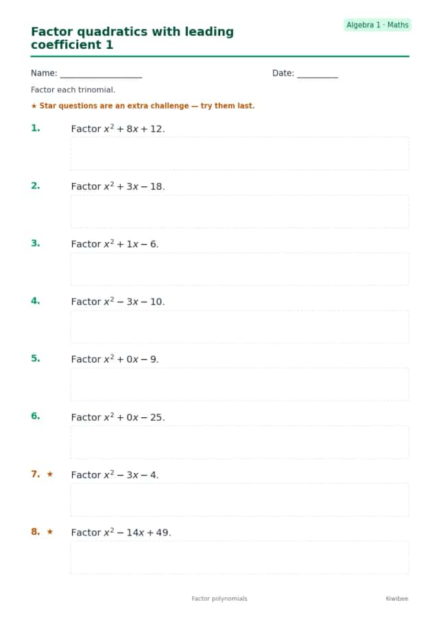 Factor quadratics with leading coefficient 1