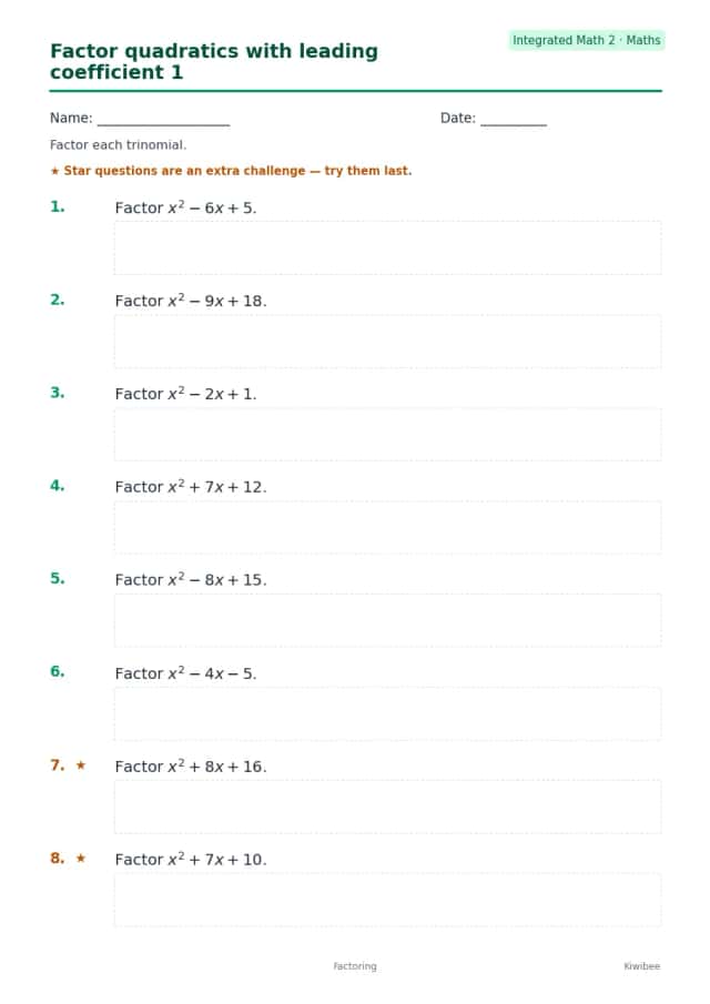 Factor quadratics with leading coefficient 1