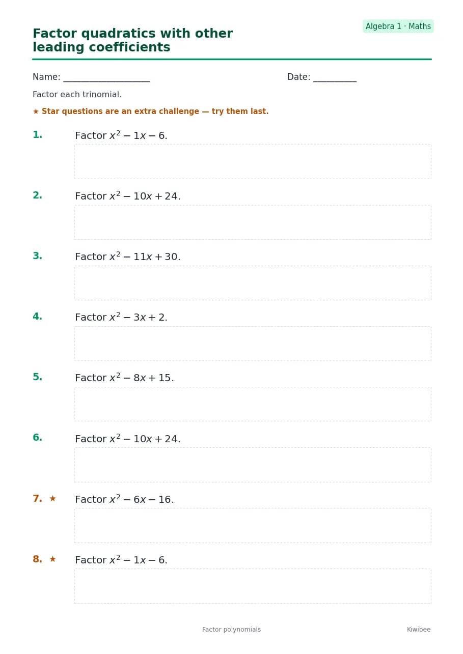 Factor quadratics with other leading coefficients worksheet — Algebra 1