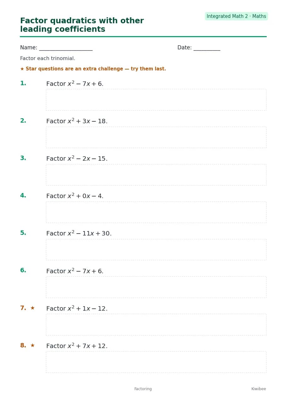Factor quadratics with other leading coefficients worksheet — Integrated Math 2