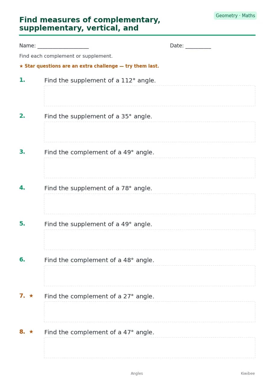 Find measures of complementary, supplementary, vertical, and adjacent angles worksheet — Geometry