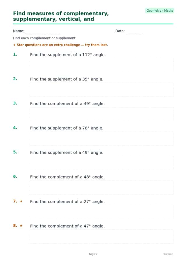 Find measures of complementary, supplementary, vertical, and adjacent angles