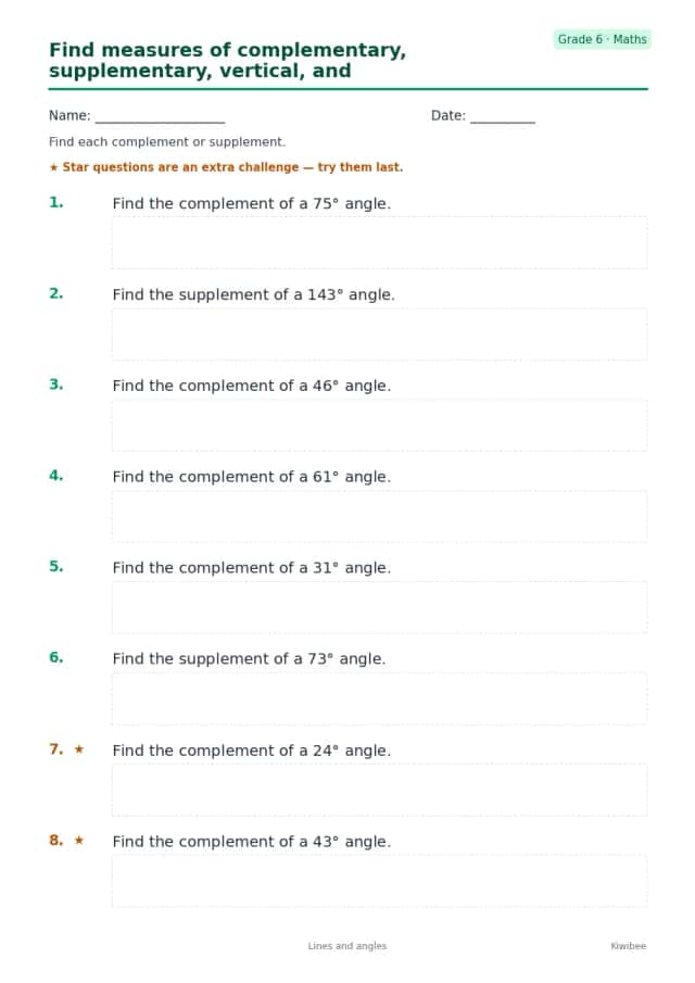 Find measures of complementary, supplementary, vertical, and adjacent angles