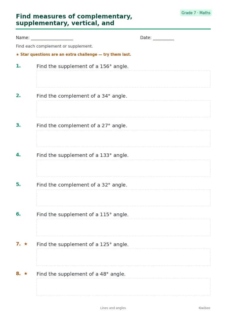 Find measures of complementary, supplementary, vertical, and adjacent angles worksheet — Grade 7