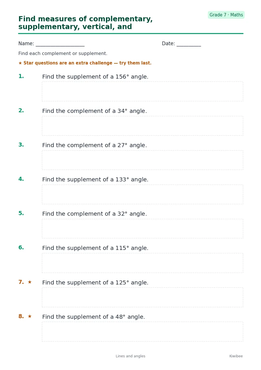 Find measures of complementary, supplementary, vertical, and adjacent angles worksheet — Grade 7