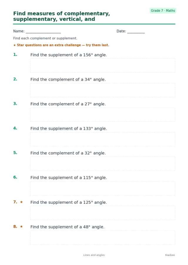 Find measures of complementary, supplementary, vertical, and adjacent angles