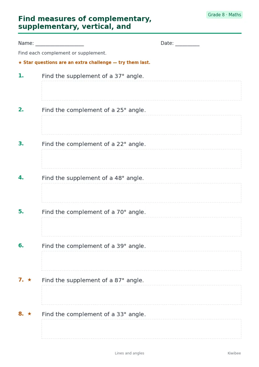 Find measures of complementary, supplementary, vertical, and adjacent angles worksheet — Grade 8