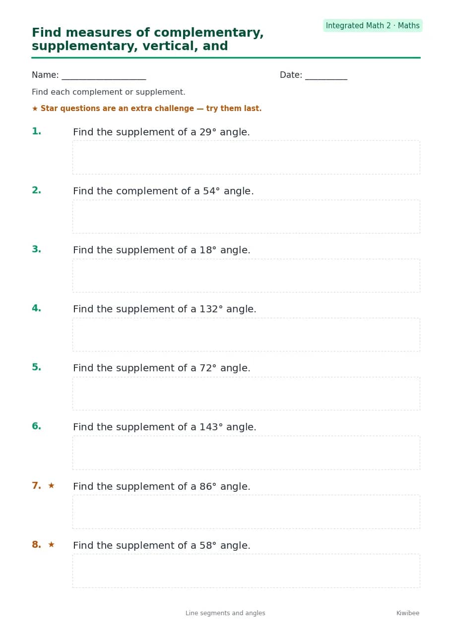 Find measures of complementary, supplementary, vertical, and adjacent angles worksheet — Integrated Math 2