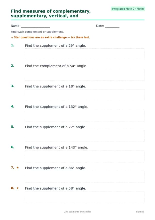 Find measures of complementary, supplementary, vertical, and adjacent angles