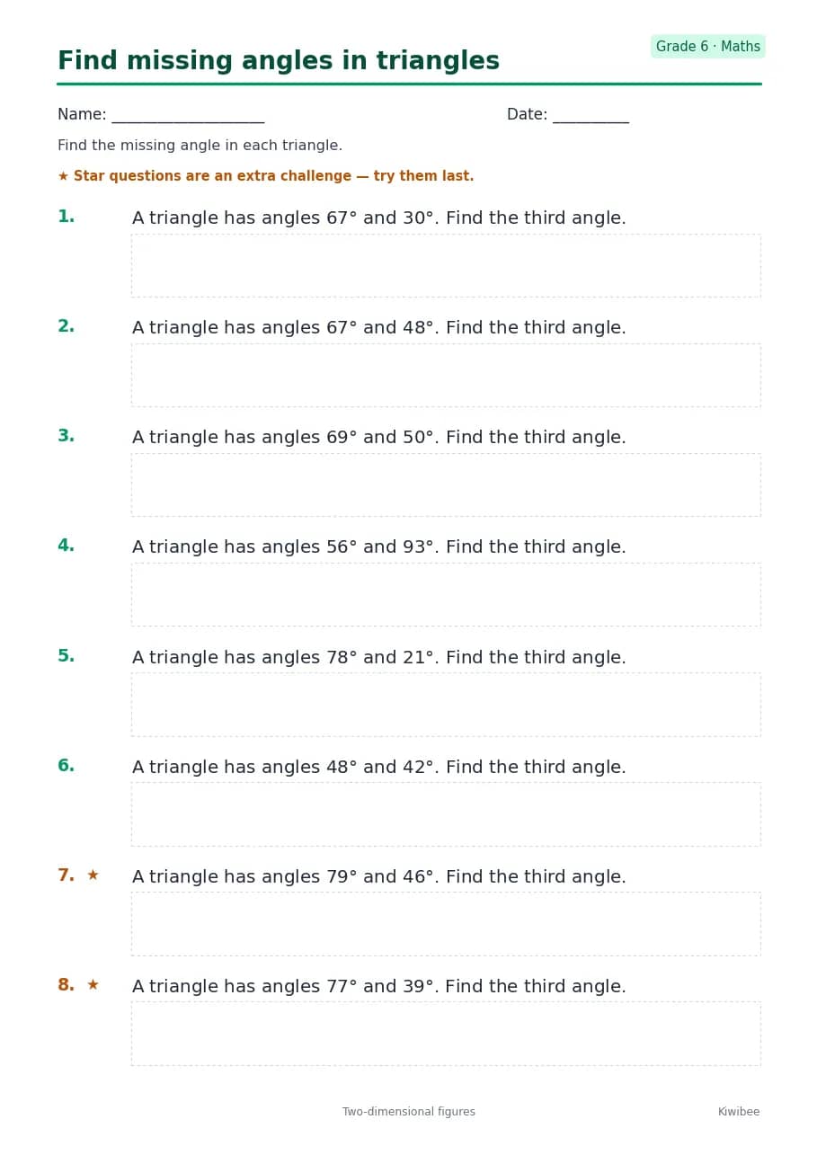 Find missing angles in triangles worksheet — Grade 6