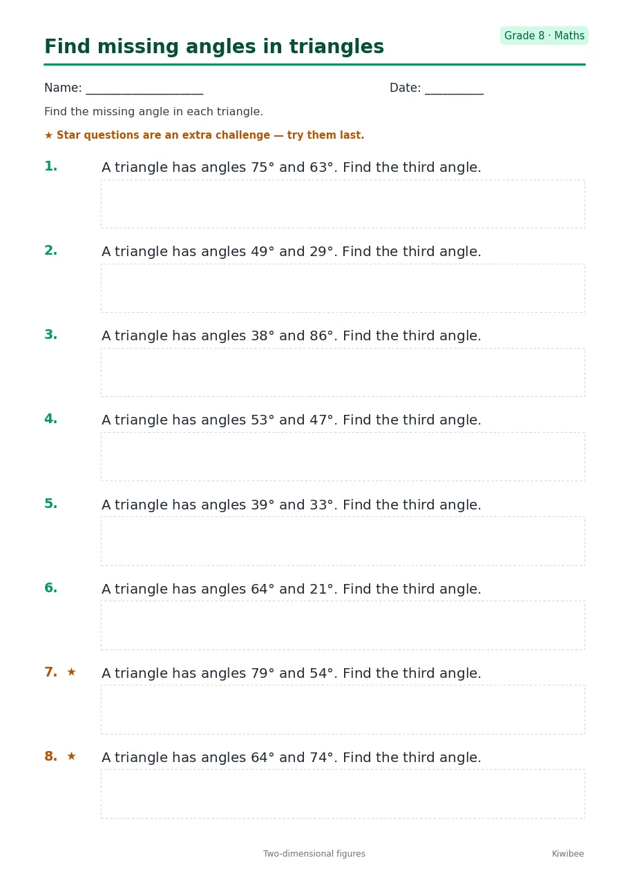 Find missing angles in triangles worksheet — Grade 8