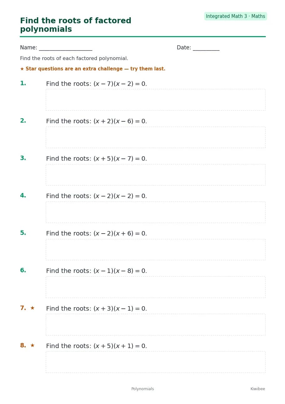 Find the roots of factored polynomials worksheet — Integrated Math 3