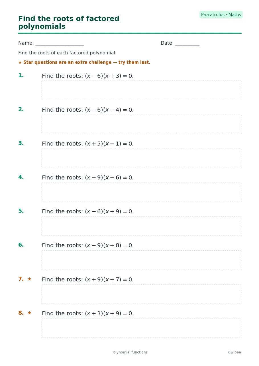 Find the roots of factored polynomials worksheet — Precalculus