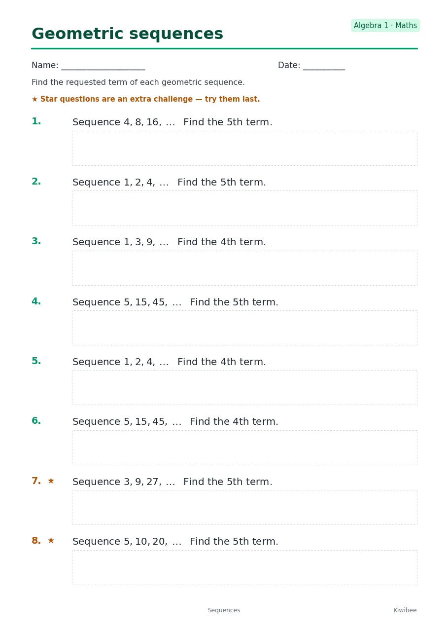 Geometric sequences worksheet — Algebra 1