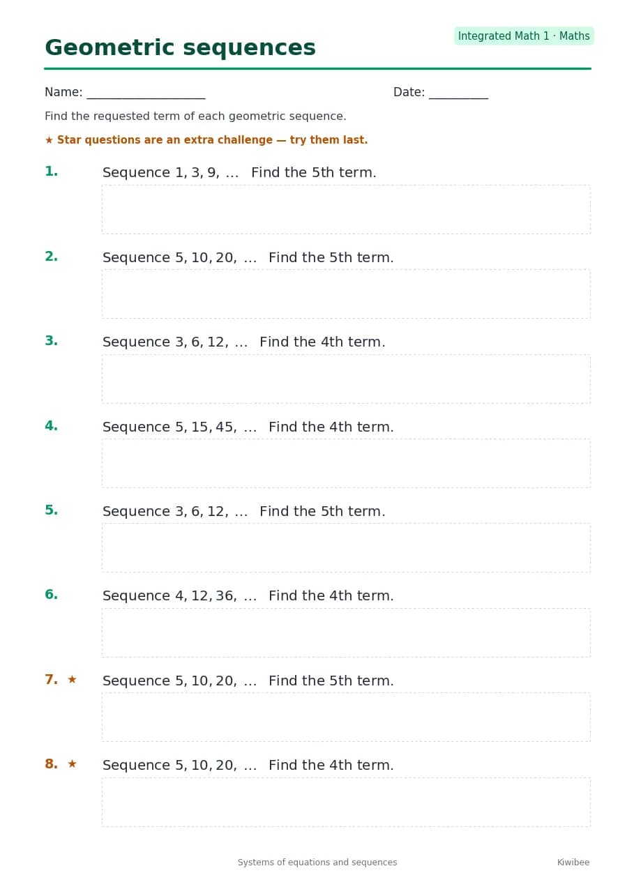 Geometric sequences worksheet — Integrated Math 1