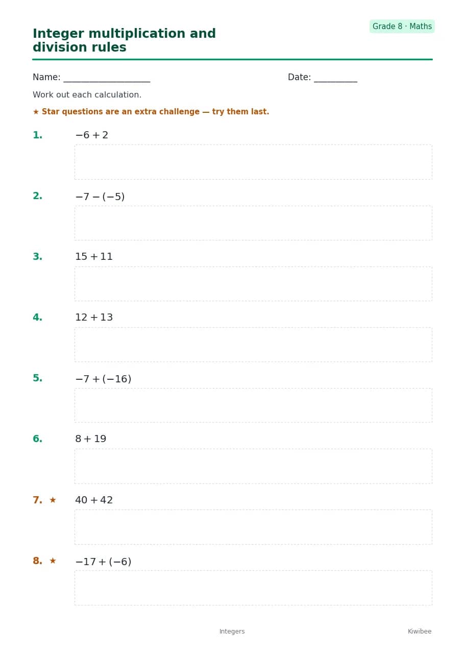 Integer multiplication and division rules worksheet — Grade 8