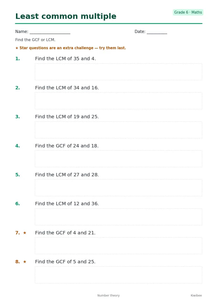 Least common multiple worksheet — Grade 6
