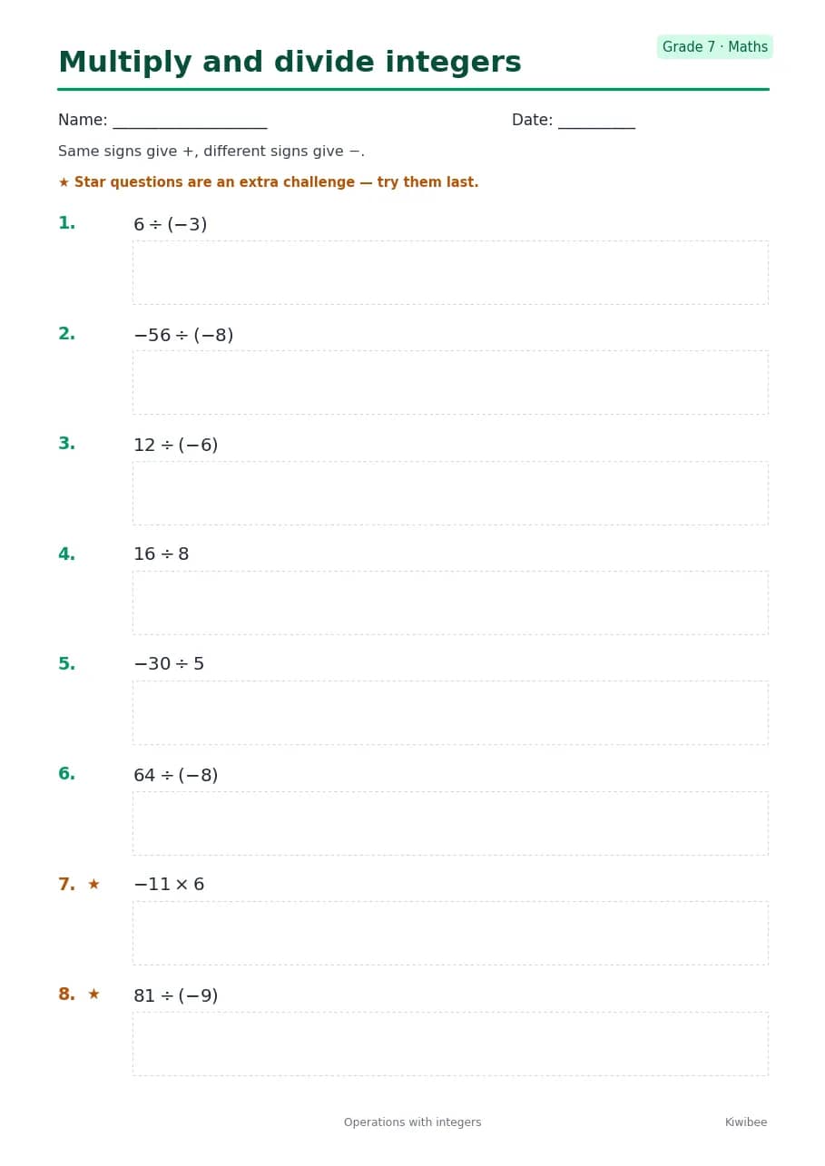 Multiply and divide integers worksheet — Grade 7