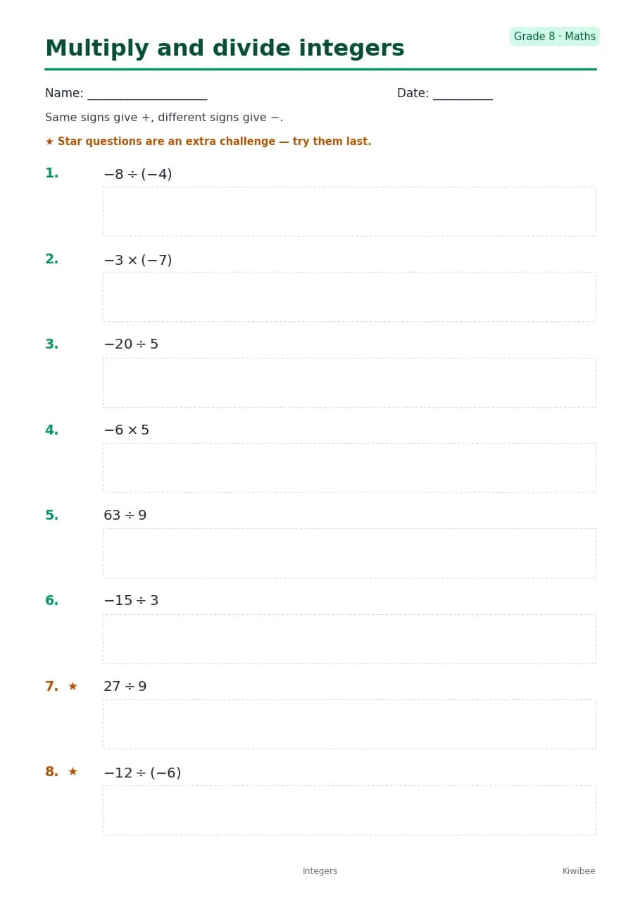 Multiply and divide integers worksheet — Grade 8