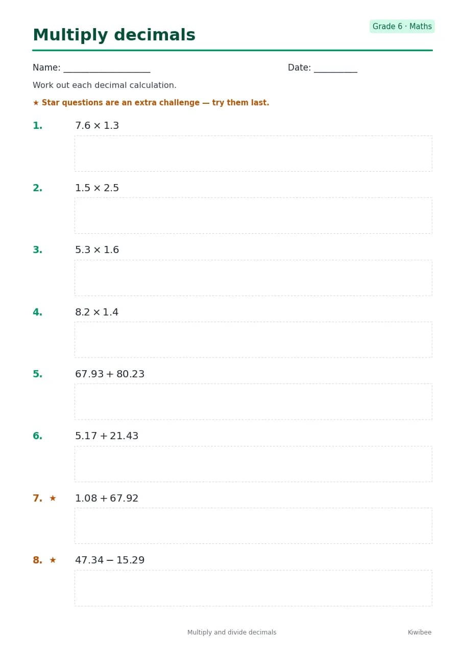 Multiply decimals worksheet — Grade 6
