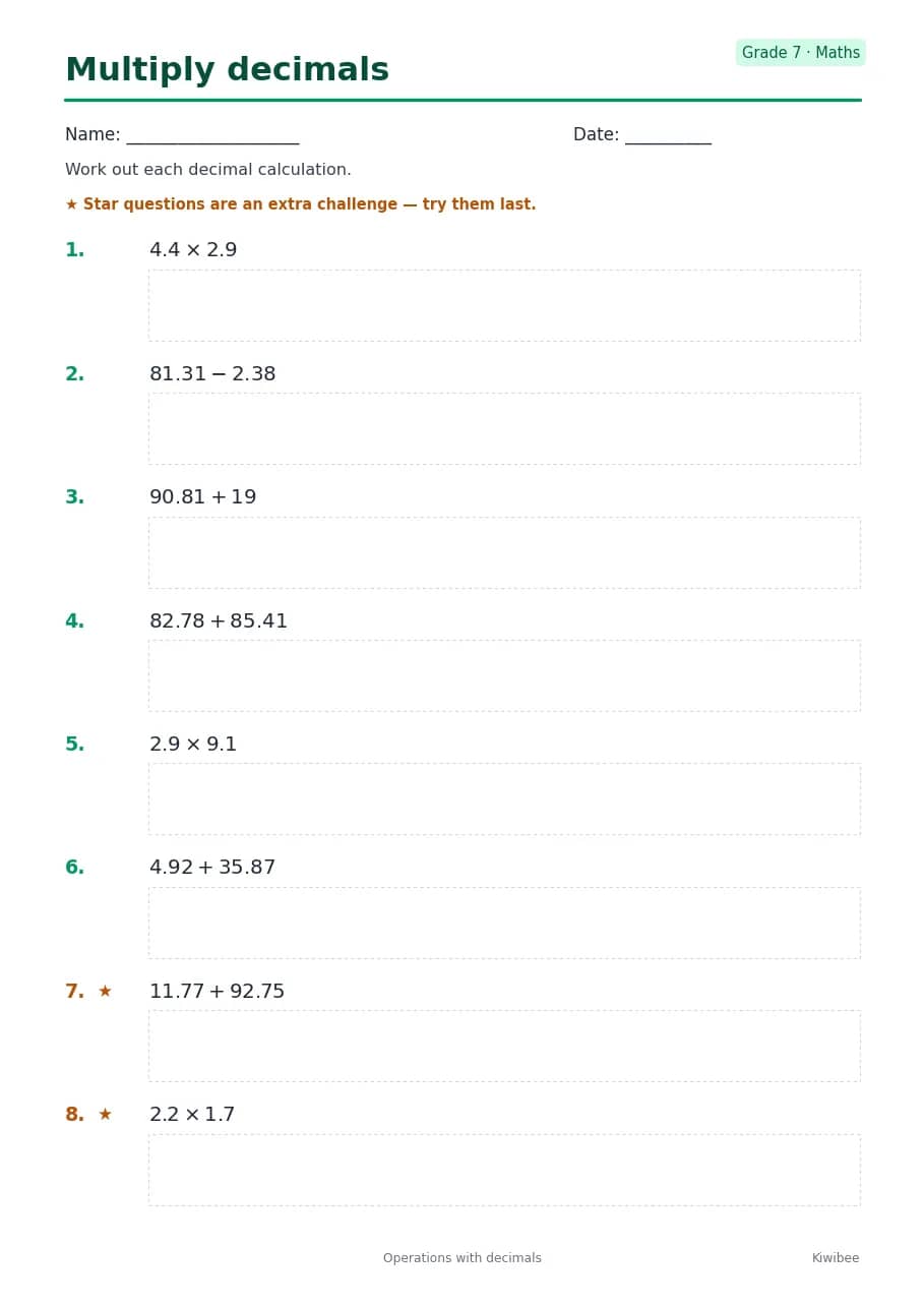 Multiply decimals worksheet — Grade 7