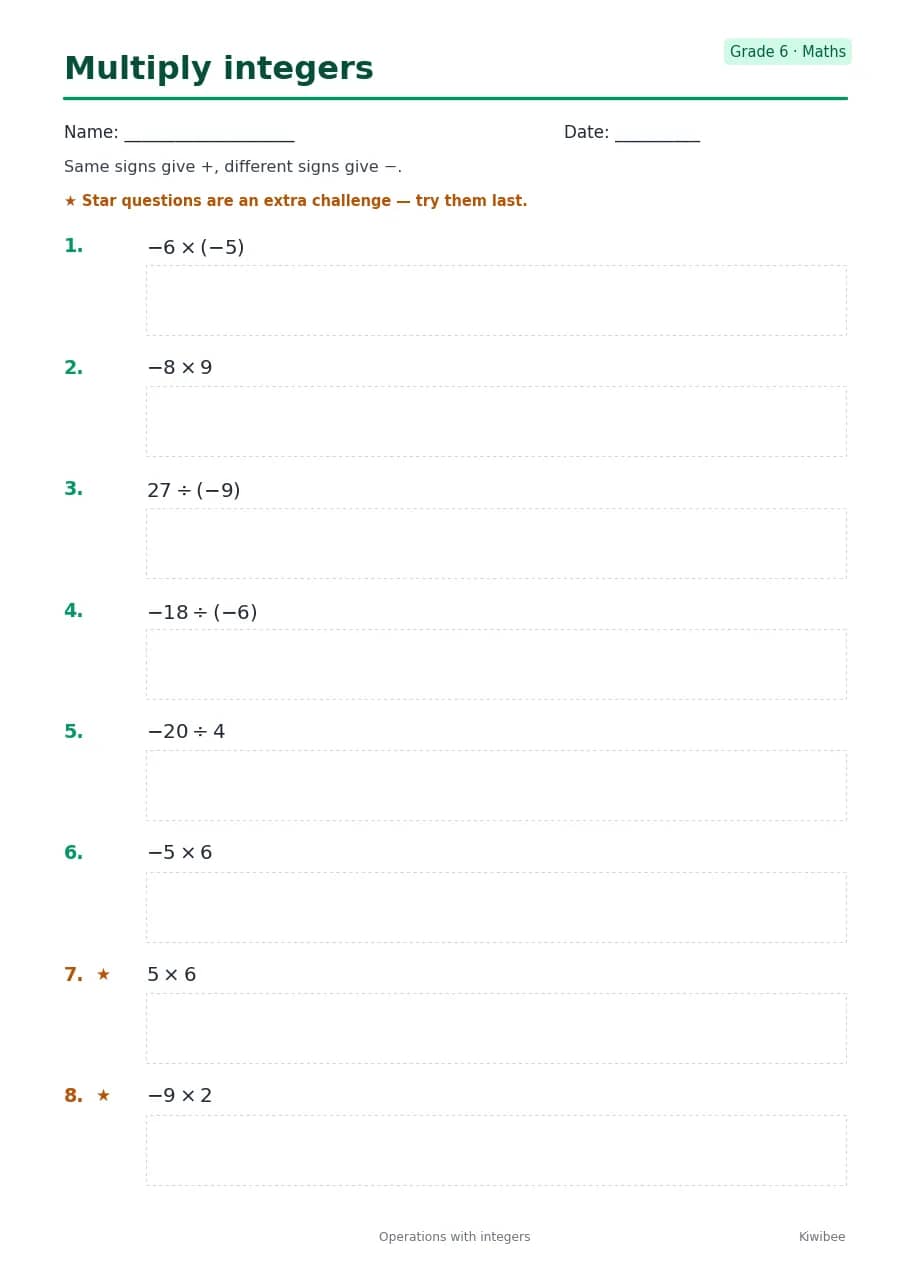 Multiply integers worksheet — Grade 6