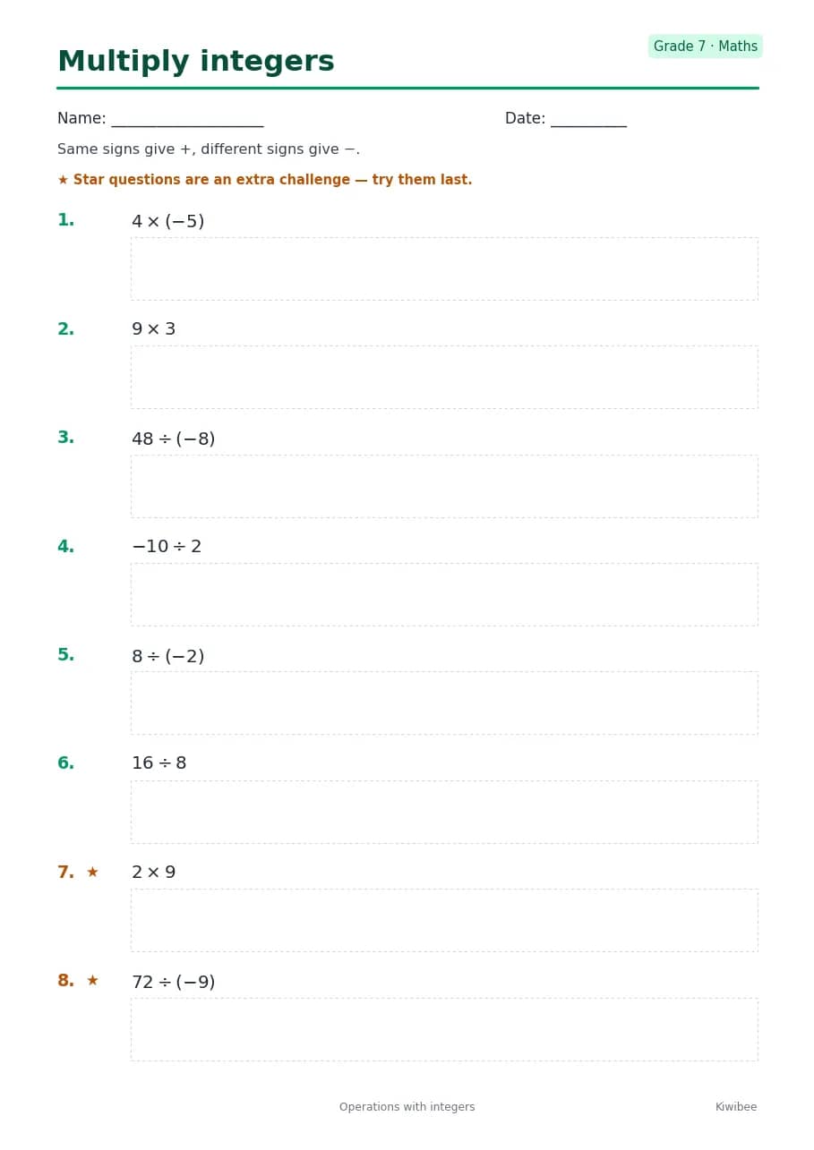 Multiply integers worksheet — Grade 7