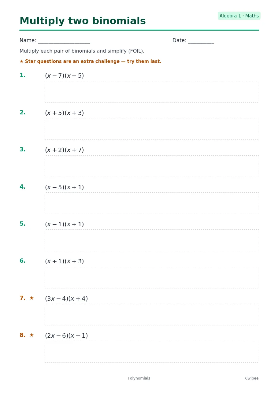 Multiply two binomials worksheet — Algebra 1