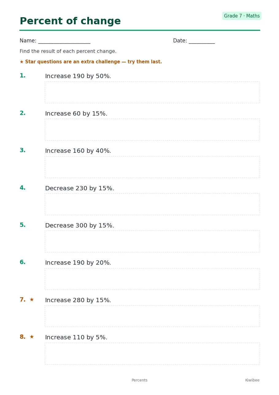 Percent of change worksheet — Grade 7